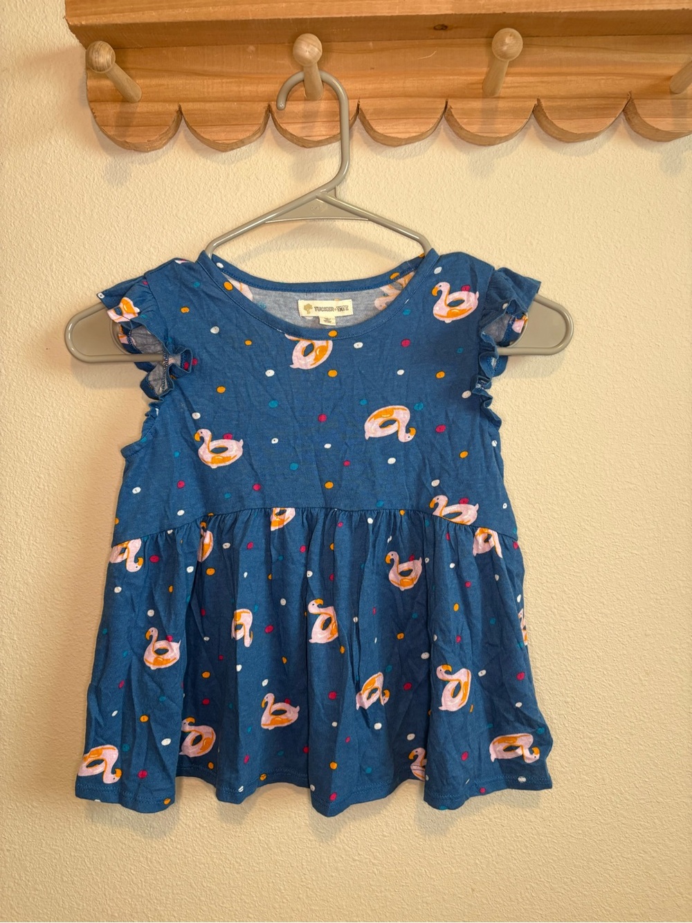 Tucker + Tate Blue Dress with Pink Swan and Orange Dot Accents